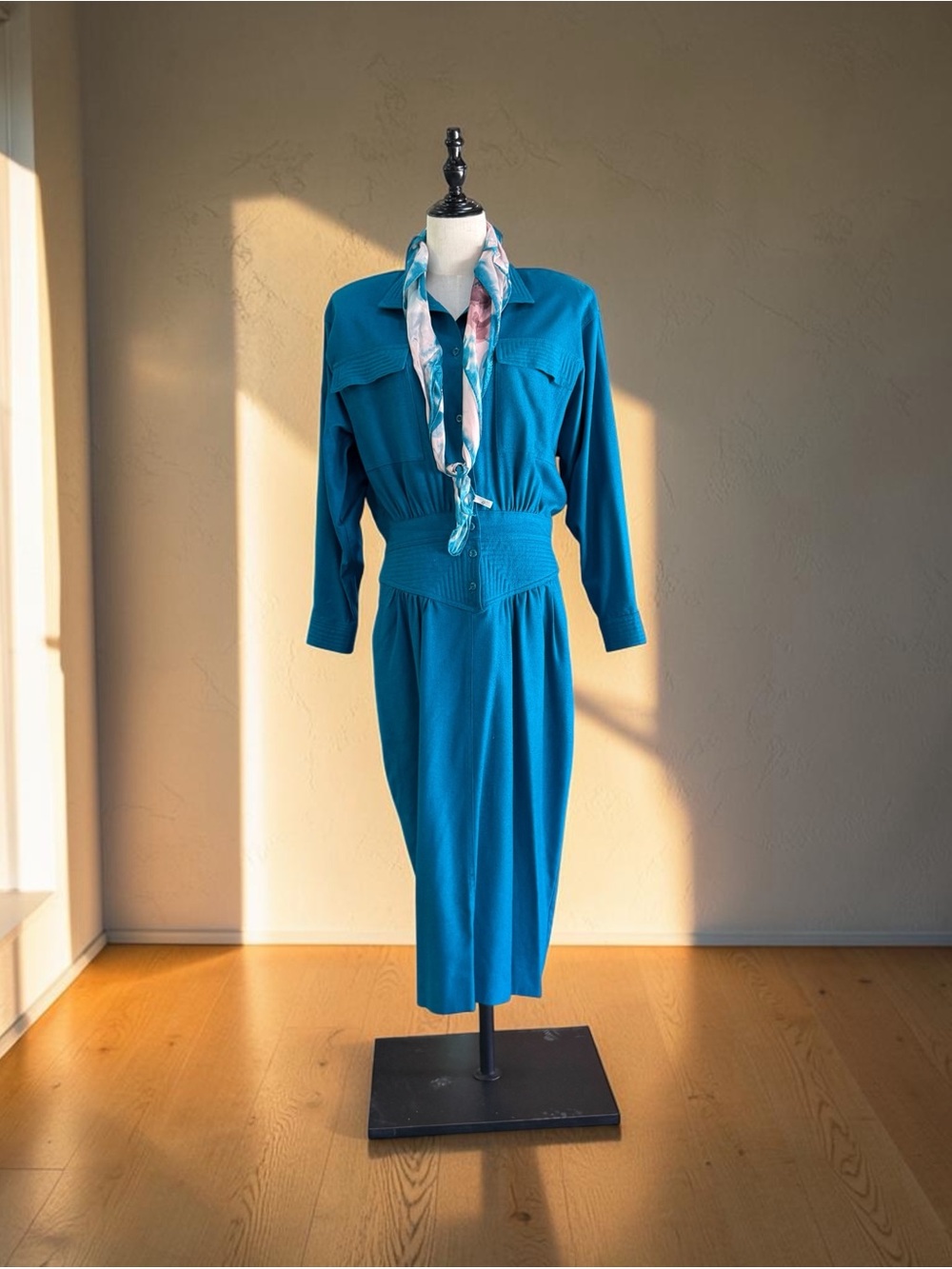 Vintage NaturElle 100% Silk Teal Midi Dress + Georgiou Scarf Set Size L - Picture 3 of 13